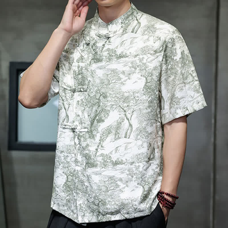 Buddha Stones Summer Tang Style Frog Button Trees Abstract Pattern Men's Short Sleeve Shirts - image 26