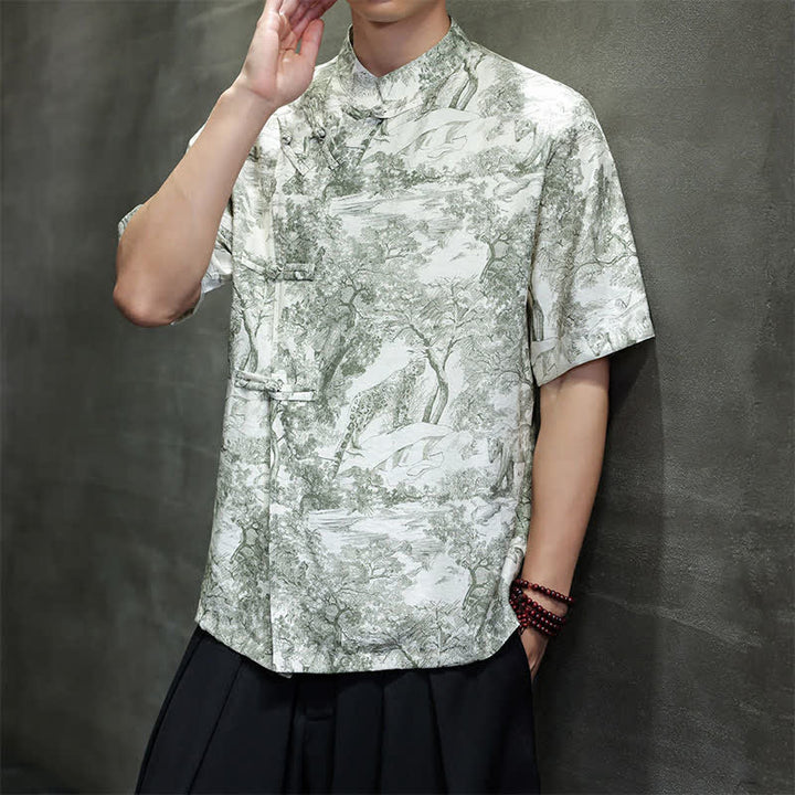 Buddha Stones Summer Tang Style Frog Button Trees Abstract Pattern Men's Short Sleeve Shirts - image 34