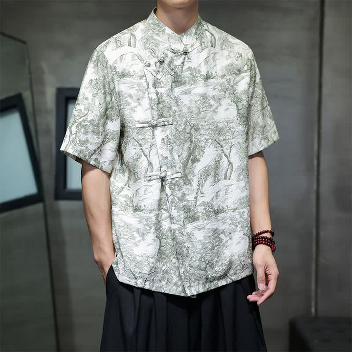 Buddha Stones Summer Tang Style Frog Button Trees Abstract Pattern Men's Short Sleeve Shirts - image 32