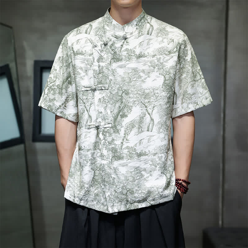 Buddha Stones Summer Tang Style Frog Button Trees Abstract Pattern Men's Short Sleeve Shirts - DarkSeaGreen - US/UK/AU44，EU54 (4XL) - image 23