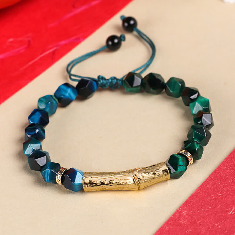 Buddha Stones Tiger Eye Silver Sheen Obsidian Bamboo Growth Faceted Bracelet - Green Tiger Eye & Blue Tiger Eye - Tiger Eye(Protection♥Strength) - image 4