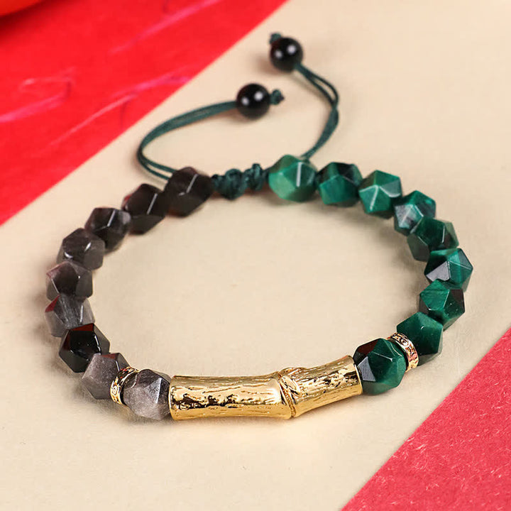 Buddha Stones Tiger Eye Silver Sheen Obsidian Bamboo Growth Faceted Bracelet - Silver Sheen Obsidian & Green Tiger Eye - Tiger Eye(Protection♥Strength) - image 3