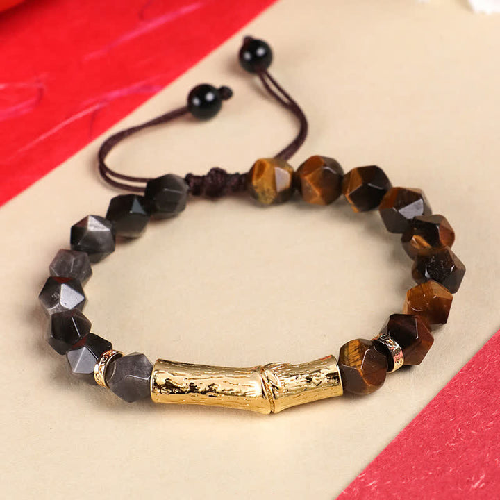 Buddha Stones Tiger Eye Silver Sheen Obsidian Bamboo Growth Faceted Bracelet - Silver Sheen Obsidian & Yellow Tiger Eye - Tiger Eye(Protection♥Strength) - image 0