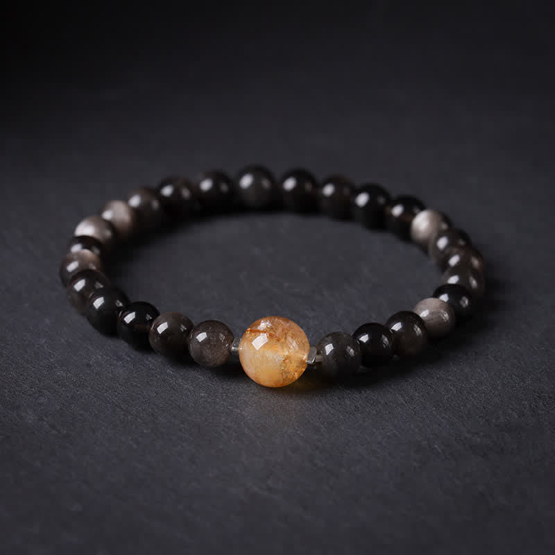 Buddha Stones Black Obsidian Grounding Hand-Woven New Chinese Round Bracelet - Citrine Top Bead - Black Obsidian(Purification♥Strength) - image 0