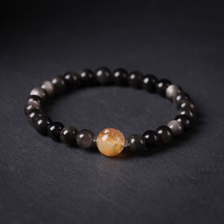 Buddha Stones Black Obsidian Grounding Hand-Woven New Chinese Round Bracelet - Citrine Top Bead - Black Obsidian(Purification♥Strength) - image 0