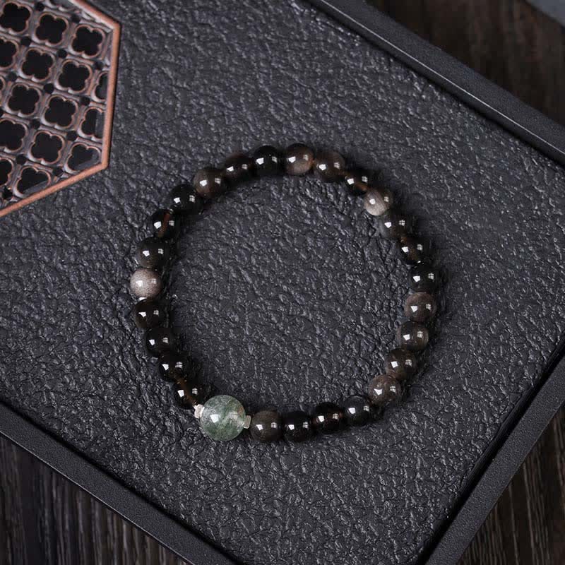 Buddha Stones Black Obsidian Grounding Hand-Woven New Chinese Round Bracelet - Green Phantom Top Bead - Black Obsidian(Purification♥Strength) - image 1
