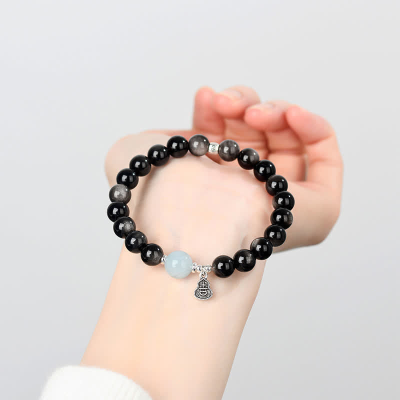 Buddha Stones Silver Sheen Obsidian Aquamarine Grounding Lucky Gourd Round Bracelet - image 7
