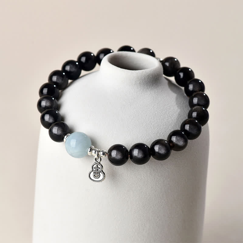 Buddha Stones Silver Sheen Obsidian Aquamarine Grounding Lucky Gourd Round Bracelet - image 3