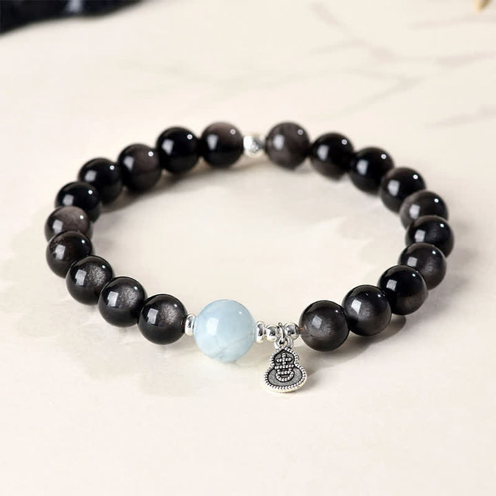 Buddha Stones Silver Sheen Obsidian Aquamarine Grounding Lucky Gourd Round Bracelet - Silver Sheen Obsidian(Protection♥Soothing) - image 0