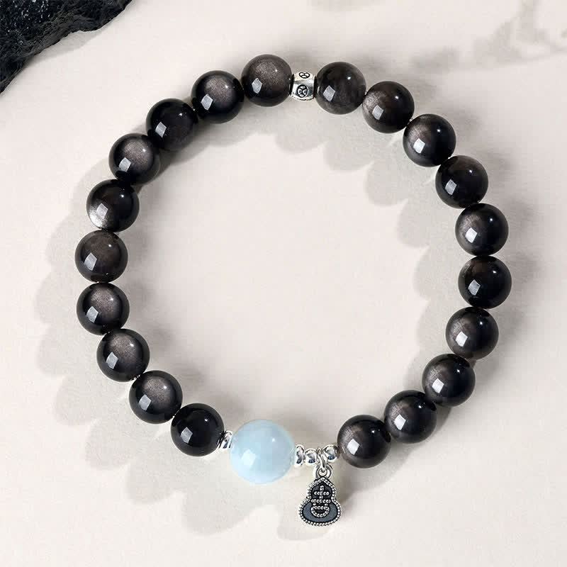 Buddha Stones Silver Sheen Obsidian Aquamarine Grounding Lucky Gourd Round Bracelet - image 1