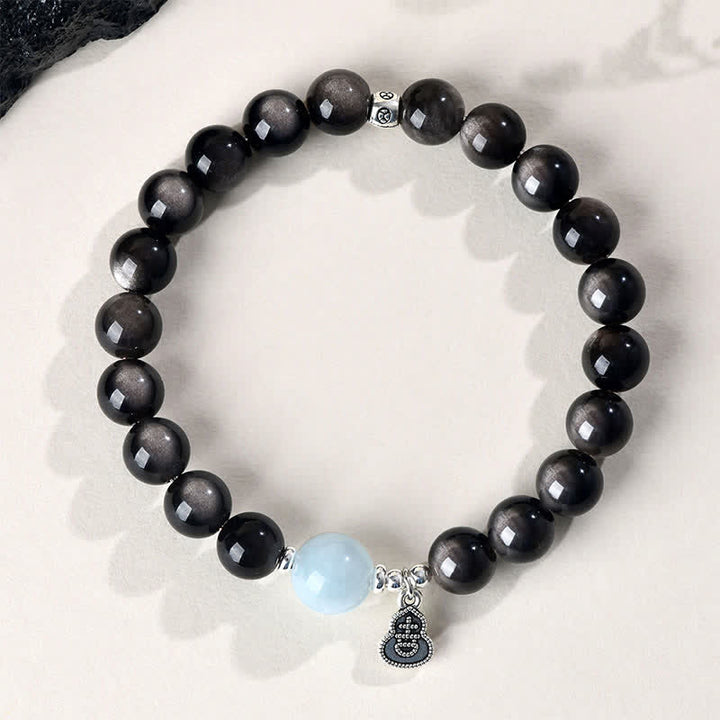 Buddha Stones Silver Sheen Obsidian Aquamarine Grounding Lucky Gourd Round Bracelet - image 1