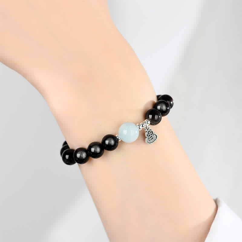 Buddha Stones Silver Sheen Obsidian Aquamarine Grounding Lucky Gourd Round Bracelet - image 8
