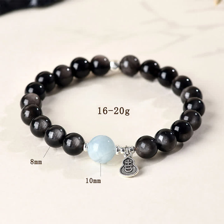 Buddha Stones Silver Sheen Obsidian Aquamarine Grounding Lucky Gourd Round Bracelet - image 4
