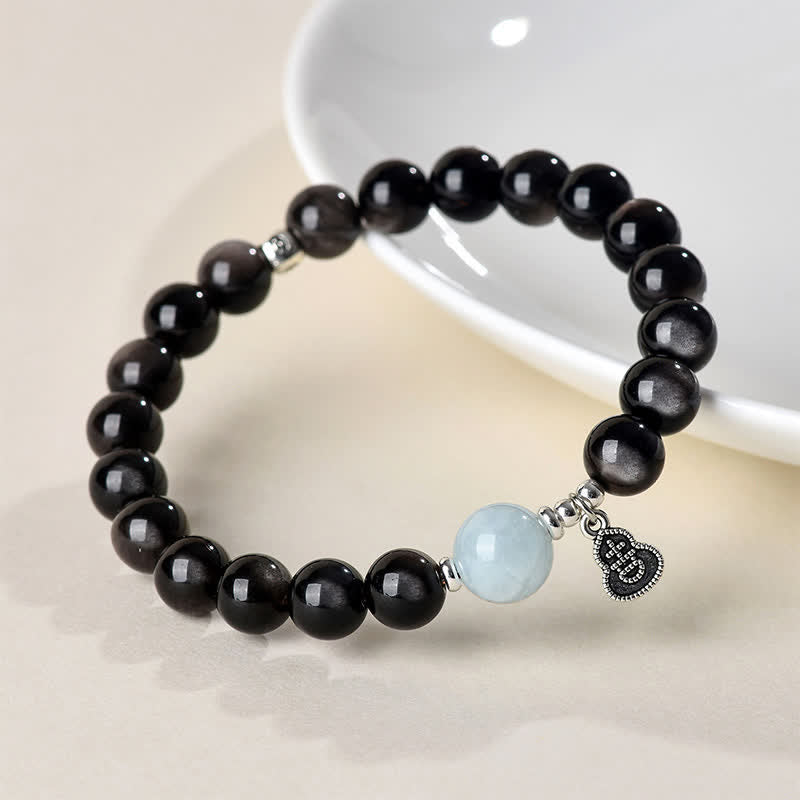 Buddha Stones Silver Sheen Obsidian Aquamarine Grounding Lucky Gourd Round Bracelet - image 2