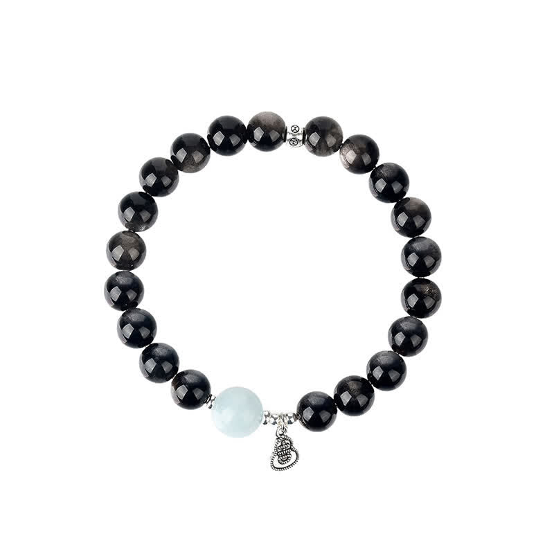 Buddha Stones Silver Sheen Obsidian Aquamarine Grounding Lucky Gourd Round Bracelet - image 9