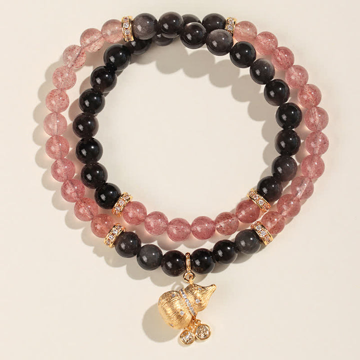 Buddha Stones Strawberry Quartz Gold-Wire Gourd Love Blessing Wrap Bracelet - Double Wrap Bracelet - Strawberry Quartz(Love ♥ Healing) - image 1