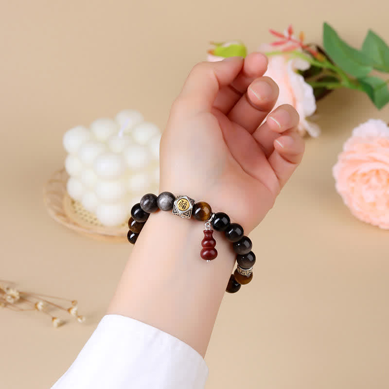 Buddha Stones Silver Sheen Obsidian Grounding Fu Character Gourd Bracelet - image 8