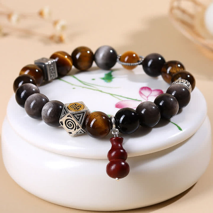 Buddha Stones Silver Sheen Obsidian Grounding Fu Character Gourd Bracelet - image 3