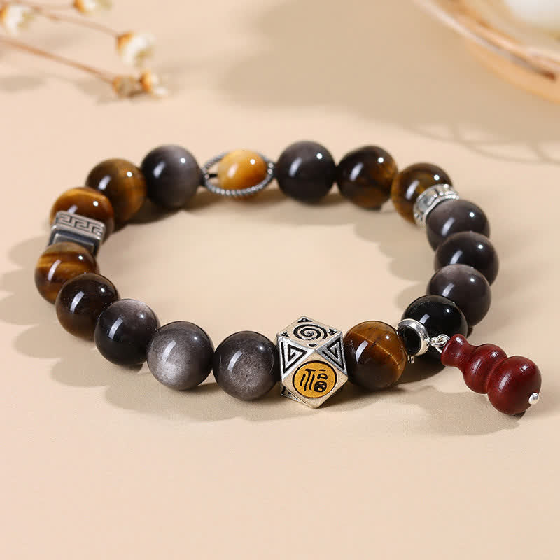 Buddha Stones Silver Sheen Obsidian Grounding Fu Character Gourd Bracelet - image 1