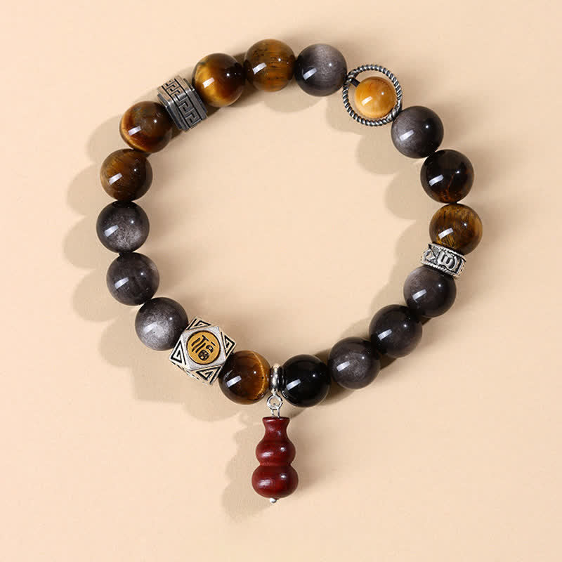 Buddha Stones Silver Sheen Obsidian Grounding Fu Character Gourd Bracelet - Fu Character(Luck ♥ Blessing) - Silver Sheen Obsidian(Protection♥Soothing) - image 0