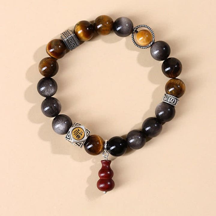 Buddha Stones Silver Sheen Obsidian Grounding Fu Character Gourd Bracelet - Fu Character(Luck ♥ Blessing) - Silver Sheen Obsidian(Protection♥Soothing) - image 0