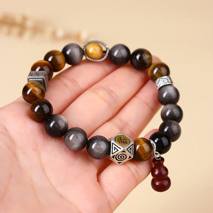 Buddha Stones Silver Sheen Obsidian Grounding Fu Character Gourd Bracelet - image 7