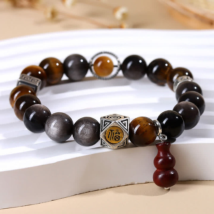 Buddha Stones Silver Sheen Obsidian Grounding Fu Character Gourd Bracelet - image 4