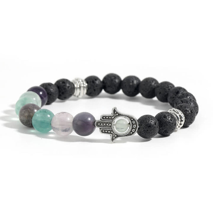 Buddha Stones Lava Rock Hamsa Palm Protection Handcrafted Round Bracelet - Natural Fluorite & Lava Rock - image 3