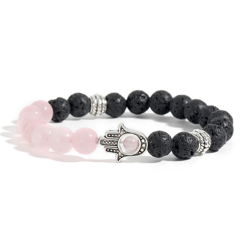 Buddha Stones Lava Rock Hamsa Palm Protection Handcrafted Round Bracelet - Rose Quartz & Lava Rock - image 4