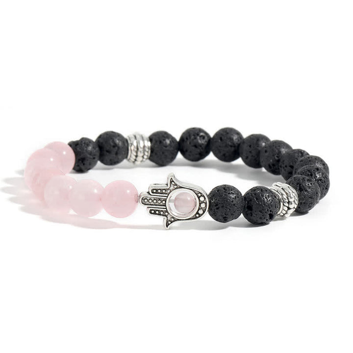 Buddha Stones Lava Rock Hamsa Palm Protection Handcrafted Round Bracelet - Rose Quartz & Lava Rock - image 4