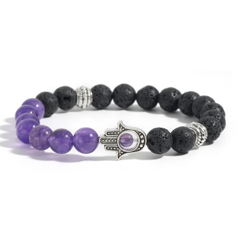 Buddha Stones Lava Rock Hamsa Palm Protection Handcrafted Round Bracelet - Purple Chalcedony & Lava Rock - image 9