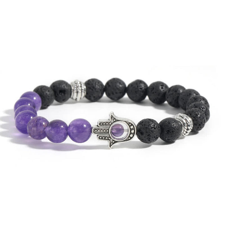 Buddha Stones Lava Rock Hamsa Palm Protection Handcrafted Round Bracelet - Purple Chalcedony & Lava Rock - image 9