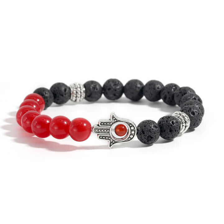 Buddha Stones Lava Rock Hamsa Palm Protection Handcrafted Round Bracelet - Red Agate & Lava Rock - image 8