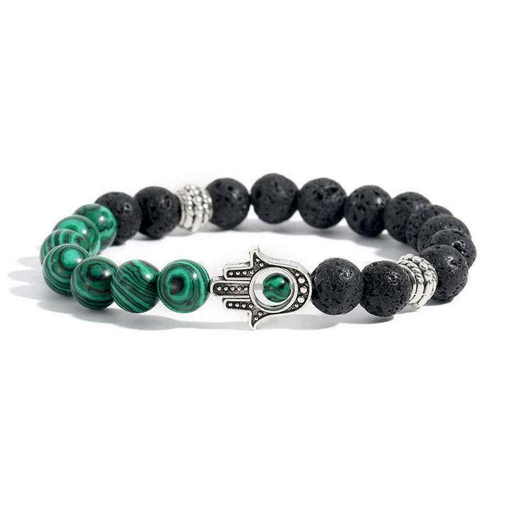Buddha Stones Lava Rock Hamsa Palm Protection Handcrafted Round Bracelet - Peacock Agate & Lava Rock - image 2