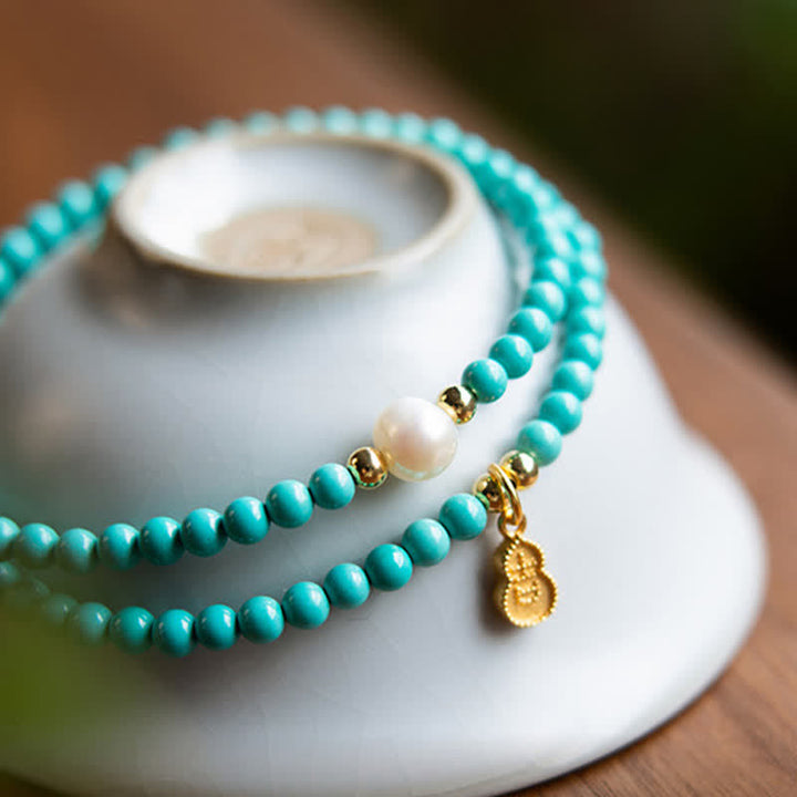 Buddha Stones Turquoise Pearl Gourd Pendant Double Wrap Protection Handmade Bracelet - image 4