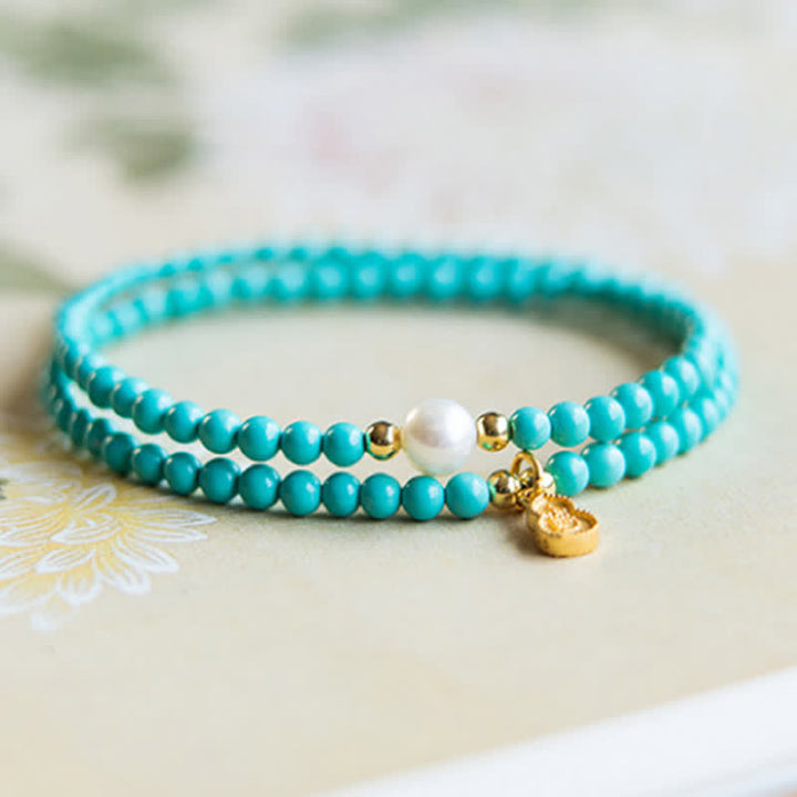 Buddha Stones Turquoise Pearl Gourd Pendant Double Wrap Protection Handmade Bracelet - image 1