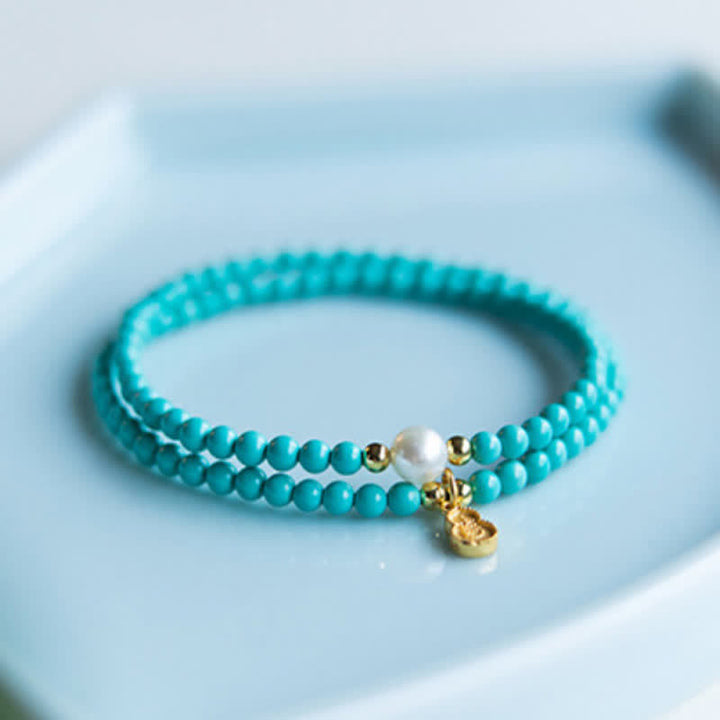 Buddha Stones Turquoise Pearl Gourd Pendant Double Wrap Protection Handmade Bracelet - image 2