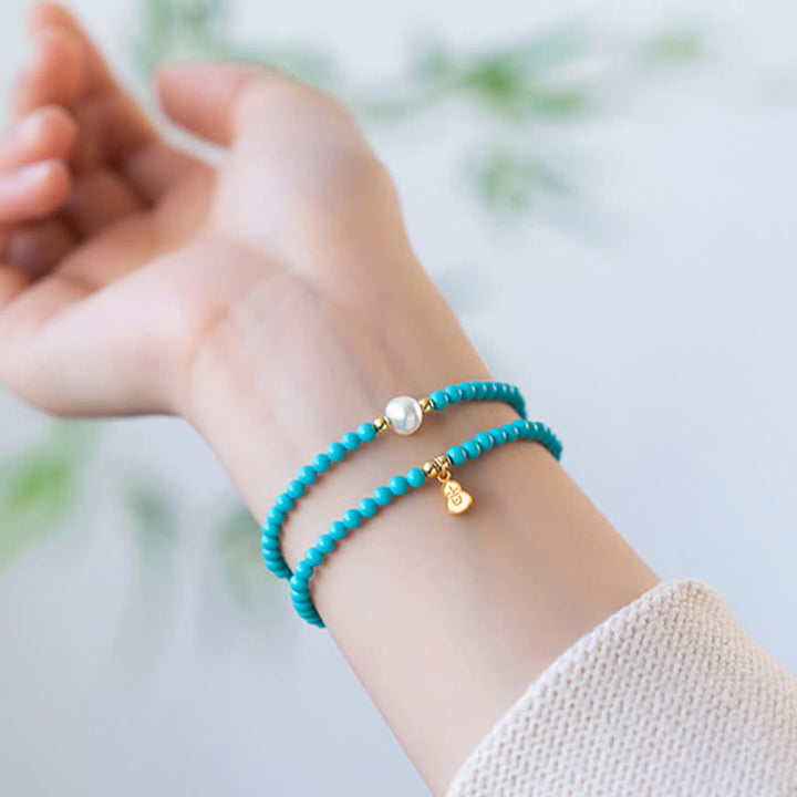 Buddha Stones Turquoise Pearl Gourd Pendant Double Wrap Protection Handmade Bracelet - image 9