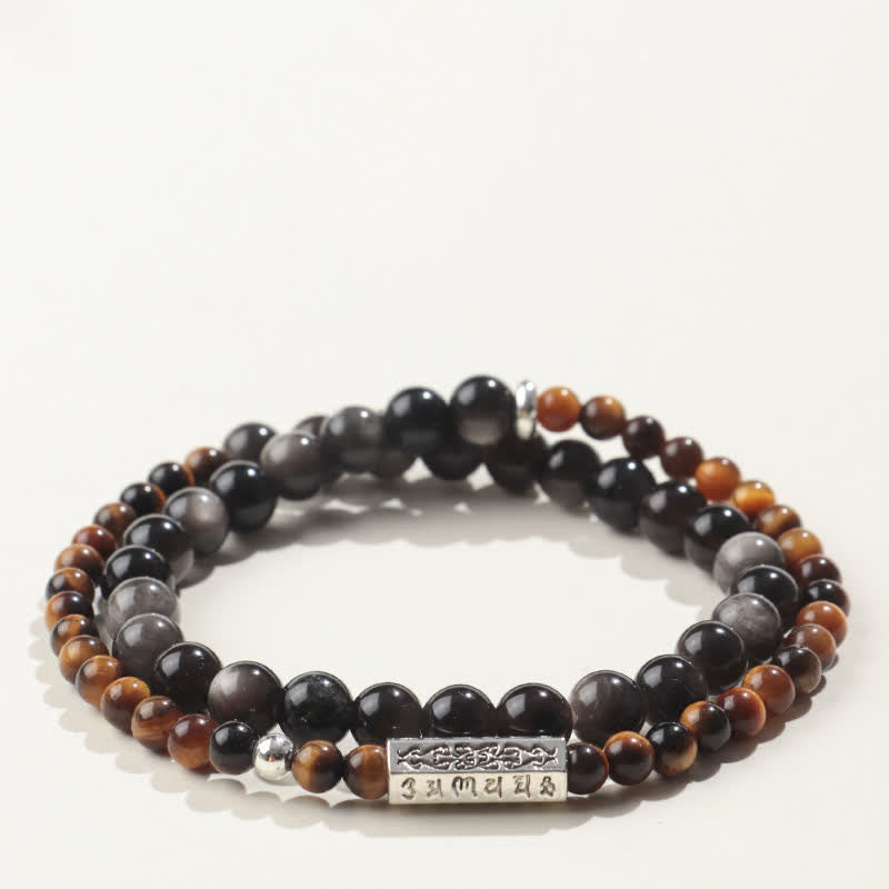 Buddha Stones Silver Sheen Obsidian Om Mani Padme Hum Grounding Double Wrap Bracelet - Style-2 - Silver Sheen Obsidian(Protection♥Soothing) - image 2