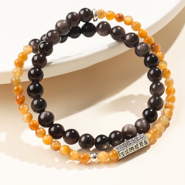 Buddha Stones Silver Sheen Obsidian Om Mani Padme Hum Grounding Double Wrap Bracelet - image 0