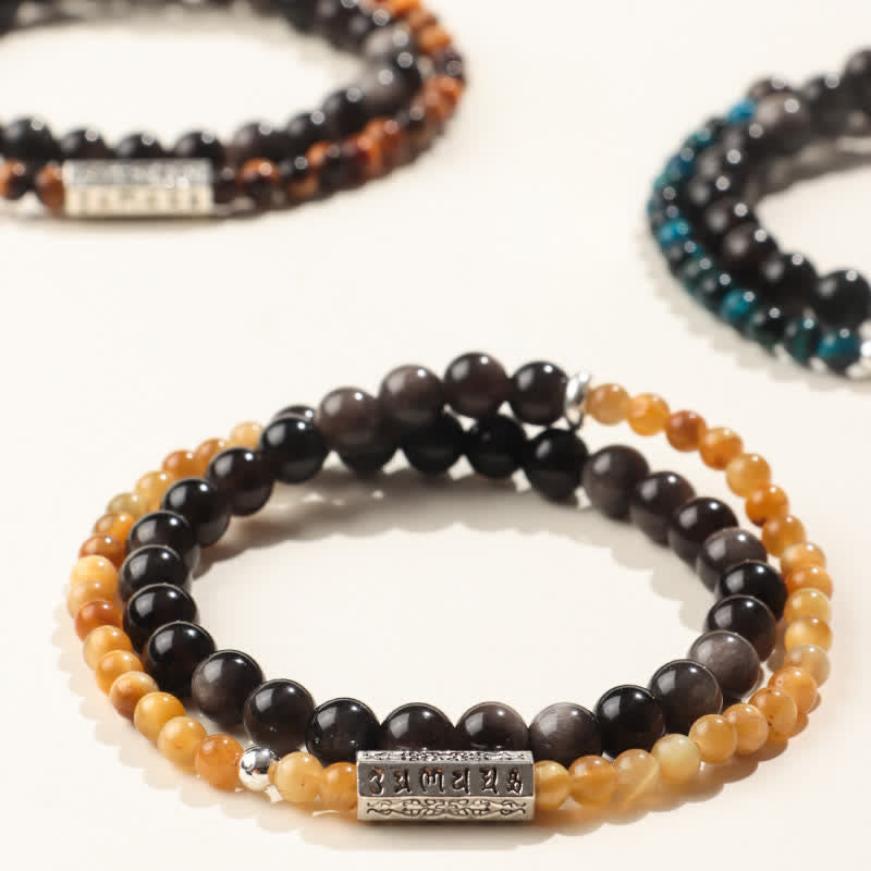 Buddha Stones Silver Sheen Obsidian Om Mani Padme Hum Grounding Double Wrap Bracelet - image 8