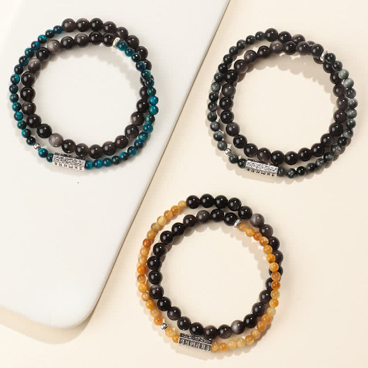 Buddha Stones Silver Sheen Obsidian Om Mani Padme Hum Grounding Double Wrap Bracelet - image 9