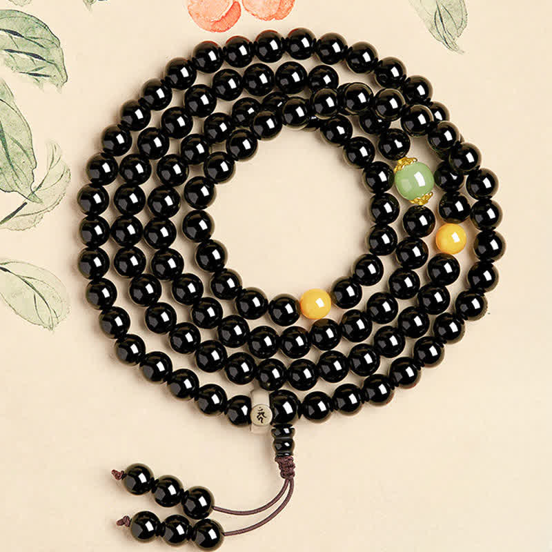 Buddha Stones Black Obsidian Chinese Zodiac Protection Hand Polished 108 Bead Tassel Mala - Rooster-Acalanatha - 8mm - image 8