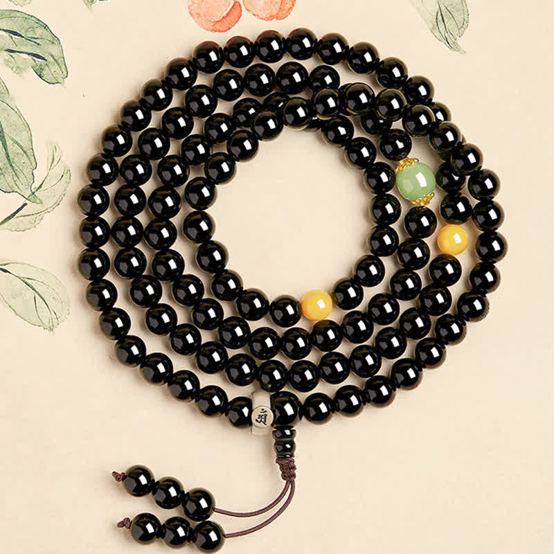 Buddha Stones Black Obsidian Chinese Zodiac Protection Hand Polished 108 Bead Tassel Mala - Dragon/Snake-Samantabhadra Bodhisattva - 8mm - image 3
