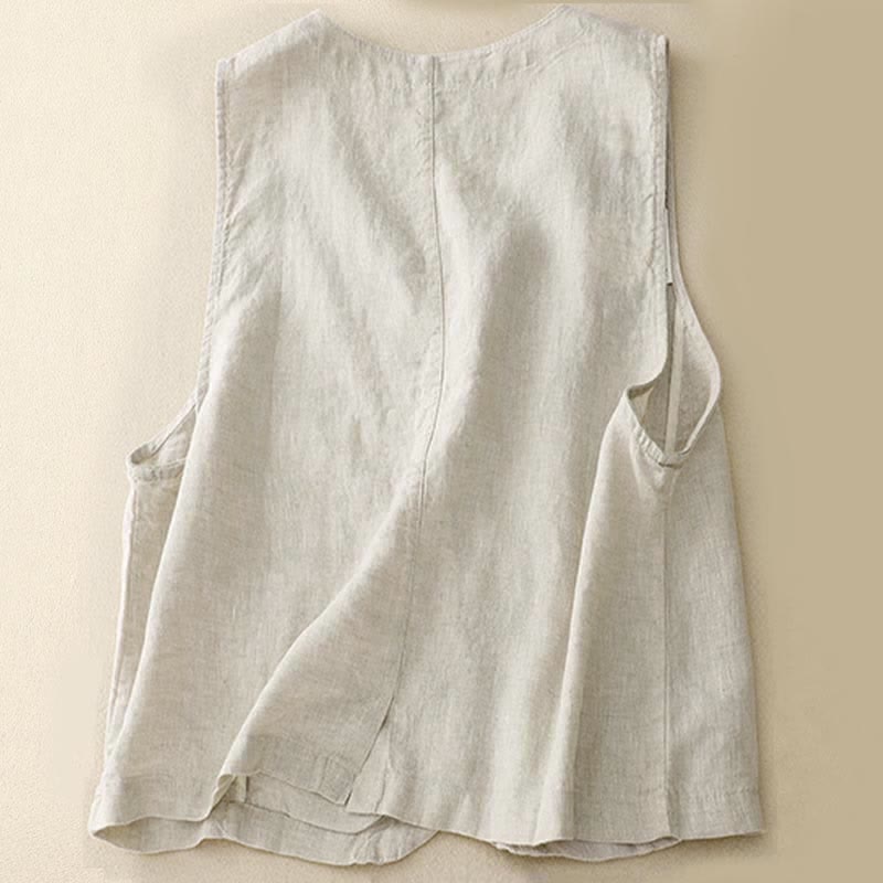 Buddha Stones Summer Casual Minimalist Lines Button-Up Solid Women's Sleeveless Shirts Tank Top With Pocket - image 1