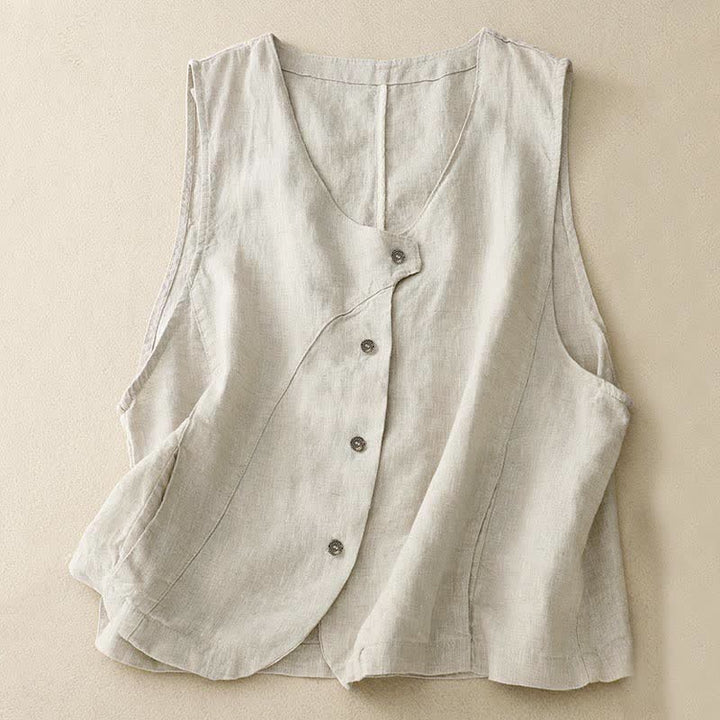 Buddha Stones Summer Casual Minimalist Lines Button-Up Solid Women's Sleeveless Shirts Tank Top With Pocket - Beige - US12, UK/AU16, EU44 (2XL) - image 0