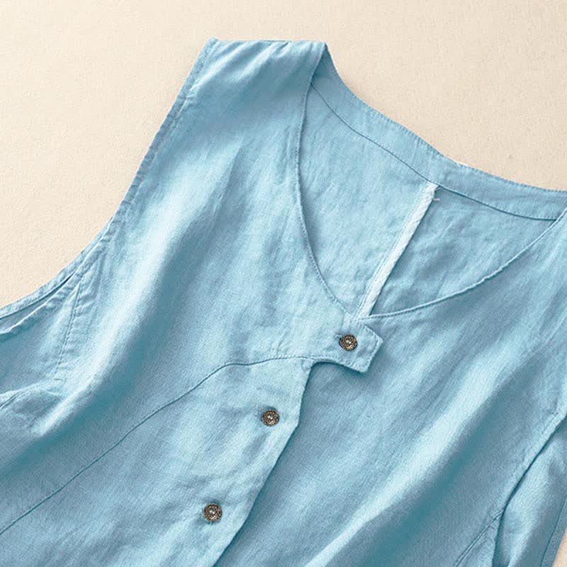 Buddha Stones Summer Casual Minimalist Lines Button-Up Solid Women's Sleeveless Shirts Tank Top With Pocket - image 12