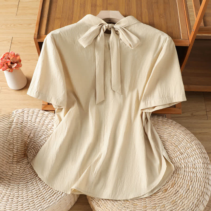 Buddha Stones Summer Crew Neck Front Pleats Lace-up Side Slit Solid Women's Short Sleeve Shirts - image 1