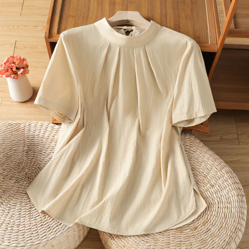 Buddha Stones Summer Crew Neck Front Pleats Lace-up Side Slit Solid Women's Short Sleeve Shirts - AntiqueWhite - US12, UK/AU16, EU44 (2XL) - image 0