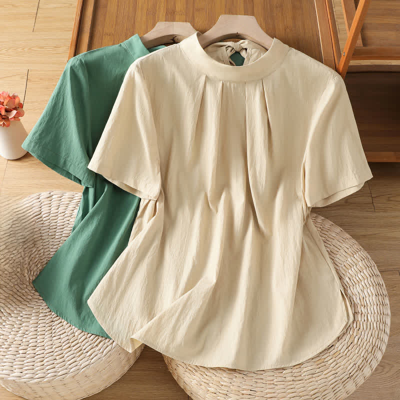 Buddha Stones Summer Crew Neck Front Pleats Lace-up Side Slit Solid Women's Short Sleeve Shirts - image 15
